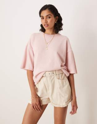 ASOS DESIGN - T-Shirt in lockerer Passform aus Flammgarn-Strick in Rosa