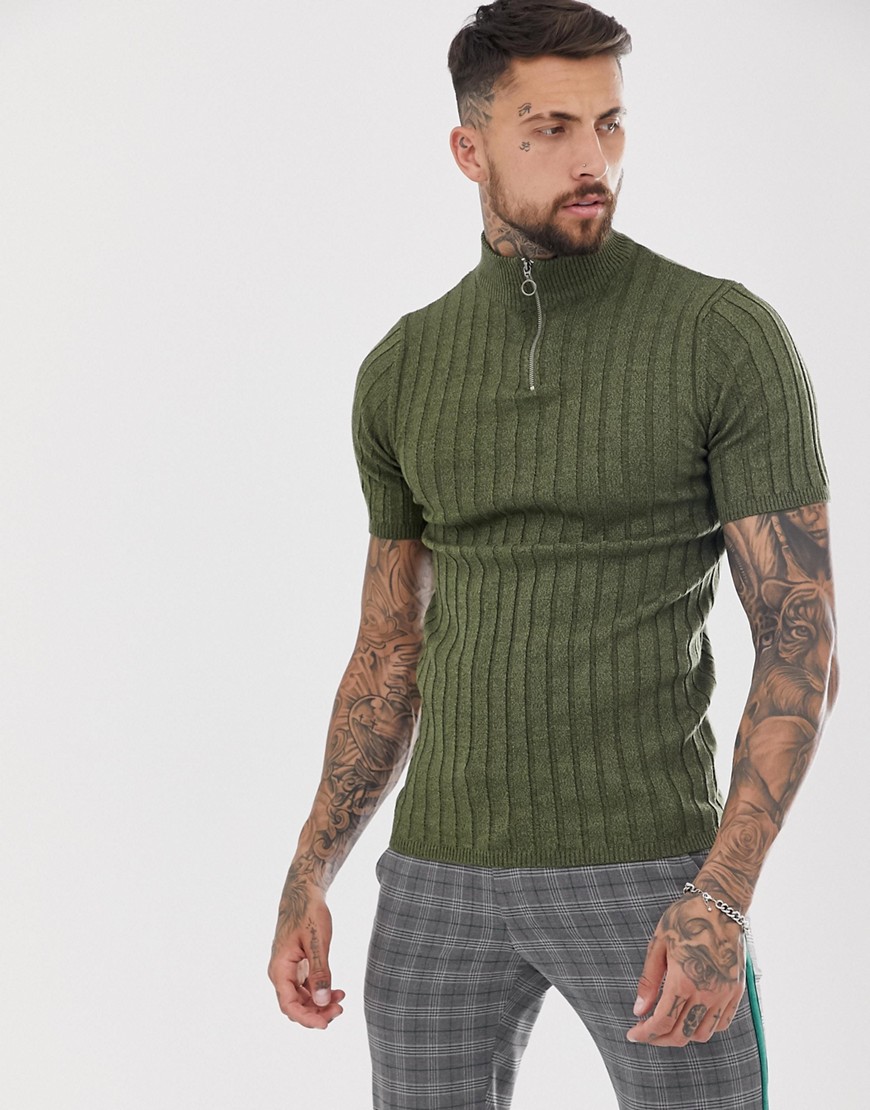 ASOS DESIGN - T-shirt in maglia a coste kaki con zip corta-Verde