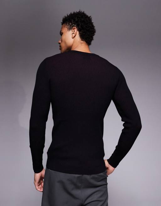 ASOS DESIGN - T-shirt in maglia attillata nera a coste piatte bordeaux, 3 di 5