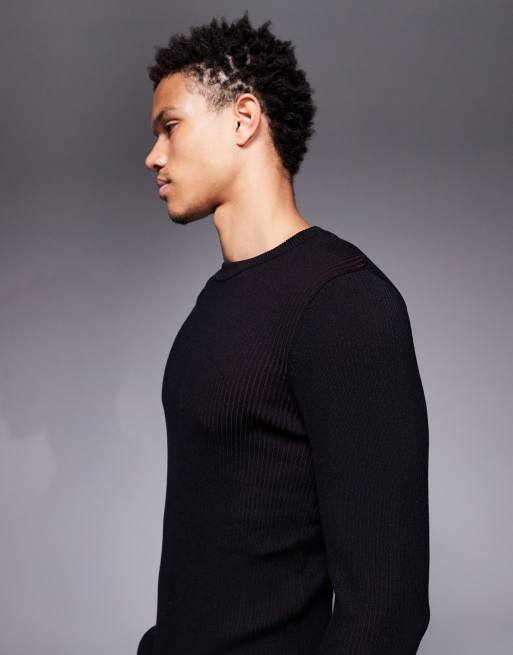 ASOS DESIGN - T-shirt in maglia attillata nera a coste piatte bordeaux, 4 di 5