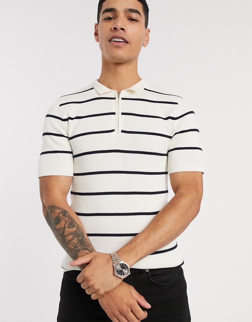 ASOS DESIGN - T-shirt in maglia bianca a righe con zip corta-Bianco