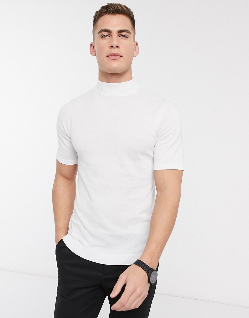 ASOS DESIGN - T-shirt in maglia con collo alto bianca-Bianco