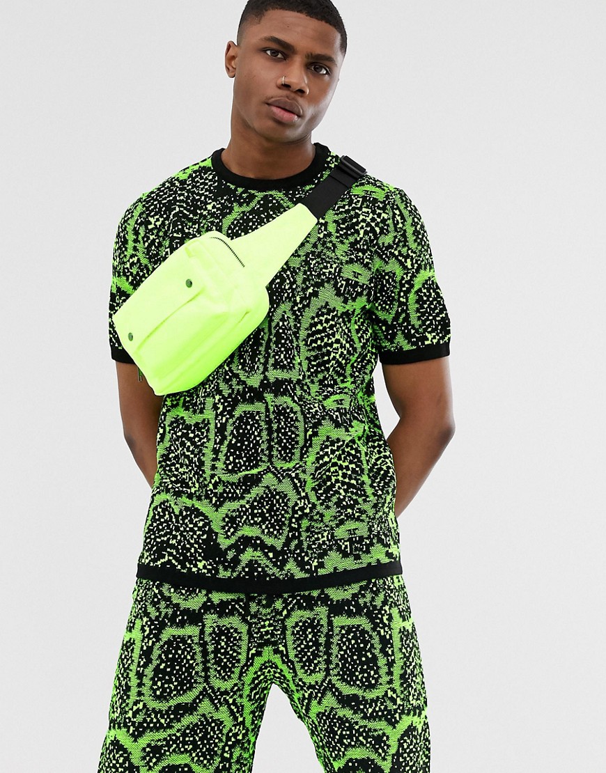 ASOS DESIGN - T-shirt in maglia con design pitonato fluo in coordinato-Verde