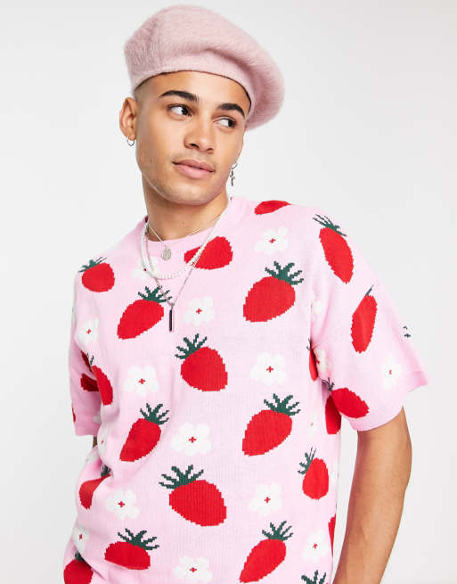 ASOS DESIGN - T-shirt in maglia con stampa di fiori e fragole
