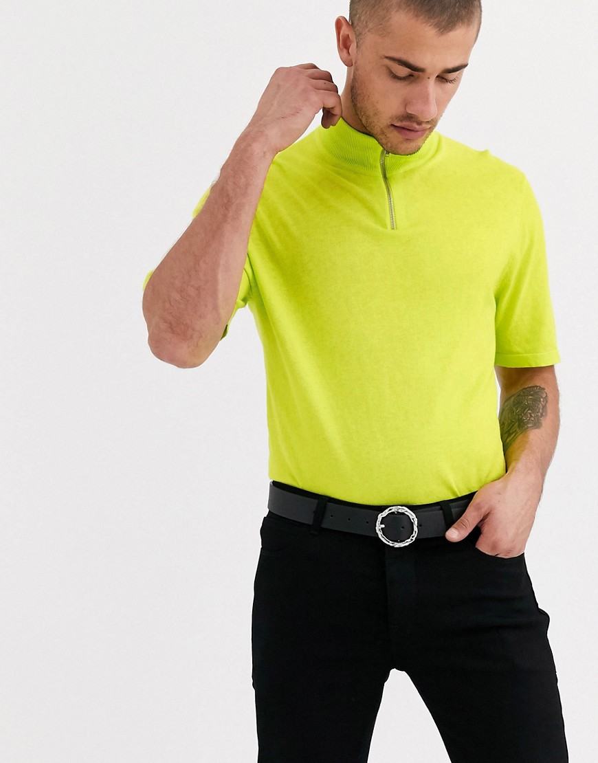 ASOS DESIGN - T-shirt in maglia con zip corta verde fluo