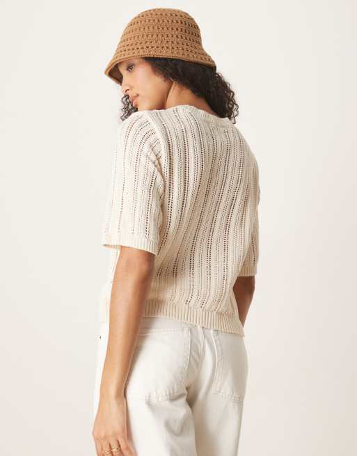 ASOS DESIGN - T-shirt in maglia effetto uncinetto écru, 3 di 4