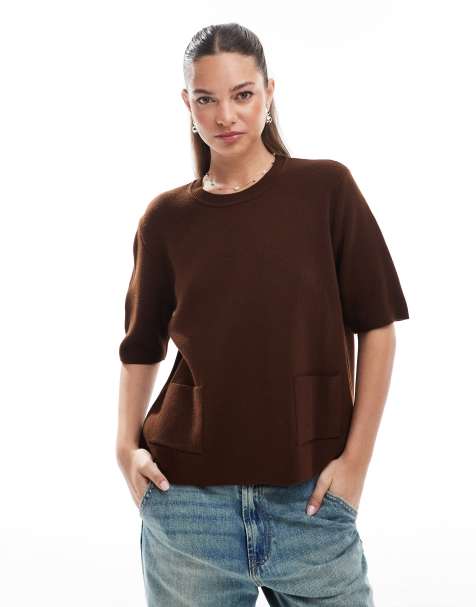 ASOS DESIGN - T-shirt in maglia marrone con tasche applicate - view 1