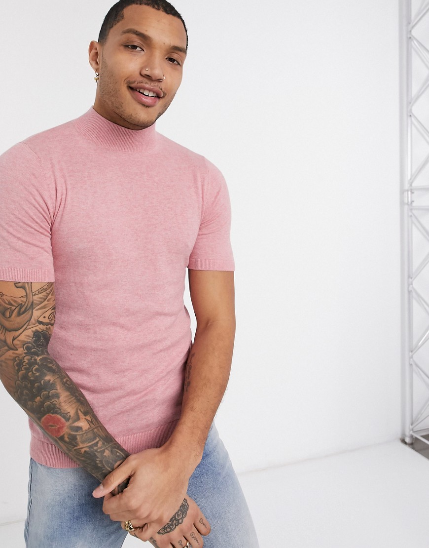 ASOS DESIGN - T-shirt in maglia rosa chiaro con collo alto
