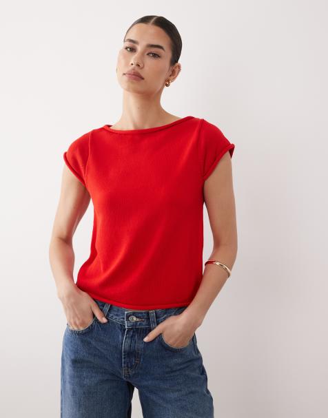 ASOS DESIGN - T-shirt in maglia rossa con bordi arrotolati - view 1