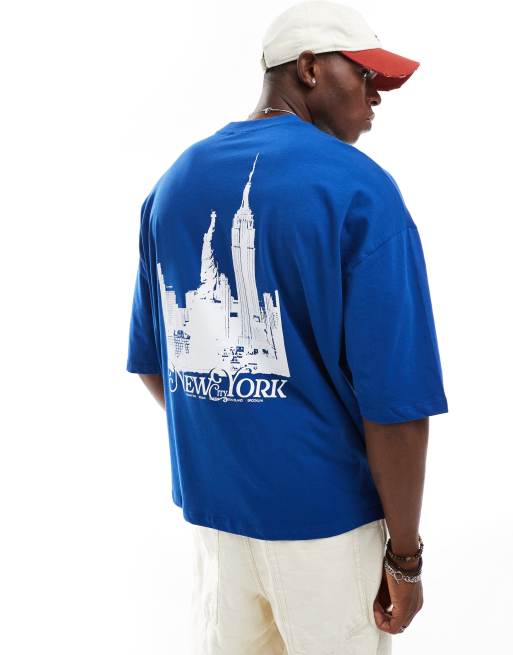 ASOS DESIGN – T-Shirt in Marineblau mit extremer Oversize-Passform und NYC-Skyline-Print am Rücken