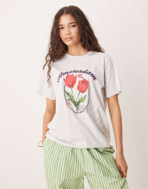 ASOS DESIGN – T-Shirt in meliertem Eisgrau mit „Amsterdam“-Tulpen-Print und regulärer Passform - view 1