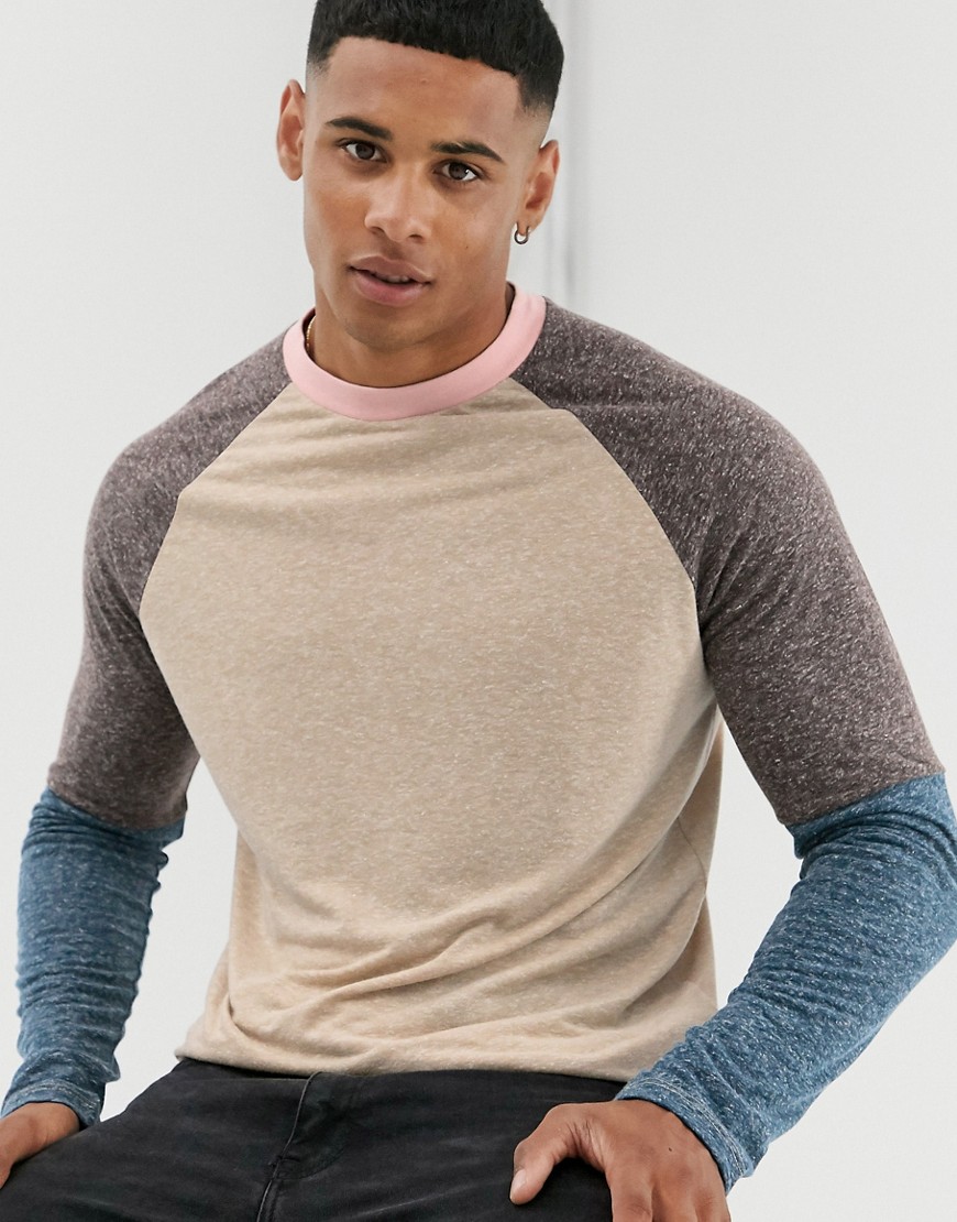 ASOS DESIGN - T-shirt in misto lino colour block con maniche raglan lunghe-Beige