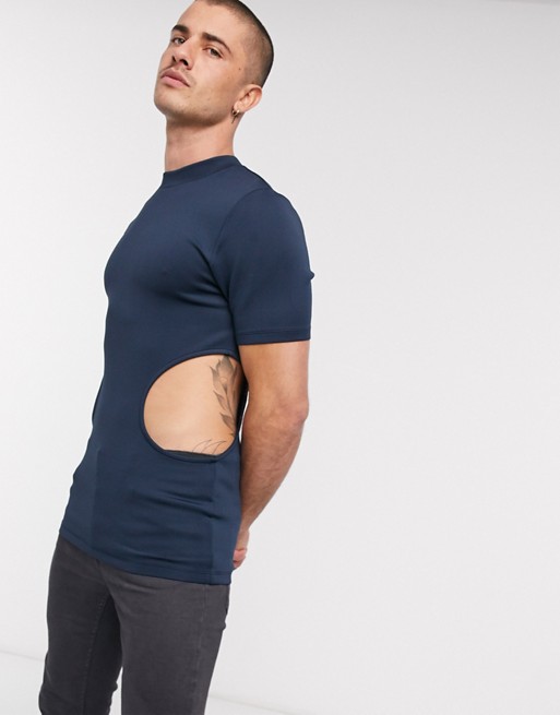 ASOS DESIGN t-shirt in navy scuba with cut-out