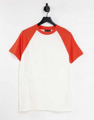 ASOS DESIGN t-shirt in off white with red contrast raglan sleeves