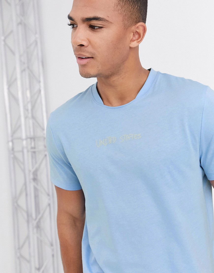 ASOS DESIGN t-shirt in organic cotton with neck detail and city print in light blue