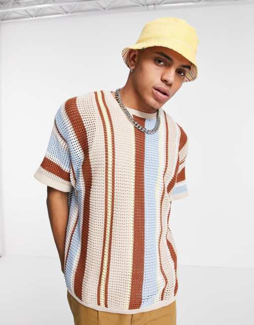 ASOS DESIGN - T-shirt in rete lavorata a righe multicolore