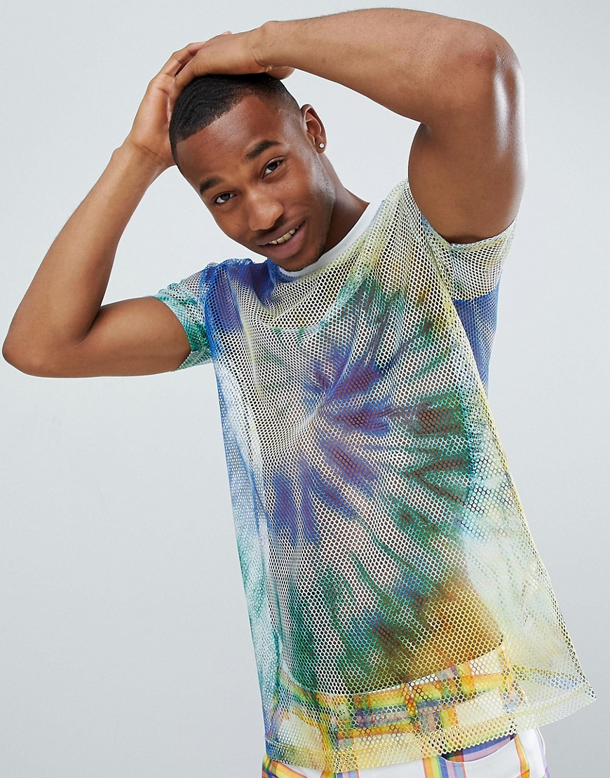 ASOS DESIGN - T-shirt in rete lunga e comoda da festival con motivo tie-dye a spirale-Blu