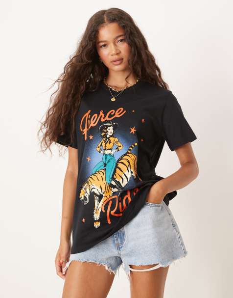 ASOS DESIGN – T-Shirt in Schwarz mit Cowgirl-Tiger-Grafikprint und normaler Passform - view 1