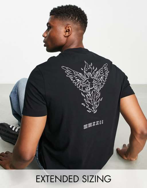 ASOS DESIGN – T-Shirt in Schwarz mit Engel-Linienprint hinten