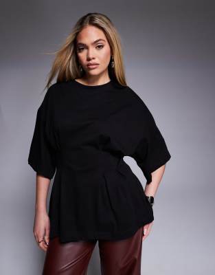 ASOS DESIGN - T-Shirt in Schwarz mit Korsettdetail und gefalteter Taille