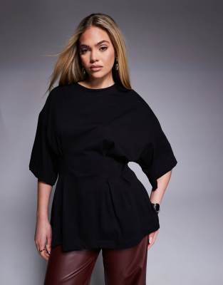 ASOS DESIGN - T-Shirt in Schwarz mit Korsettdetail und gefalteter Taille-Weiß