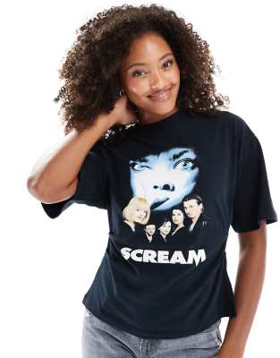 ASOS DESIGN - T-Shirt in Schwarz mit lizenziertem „Scream"-Print und Korsett-Taille