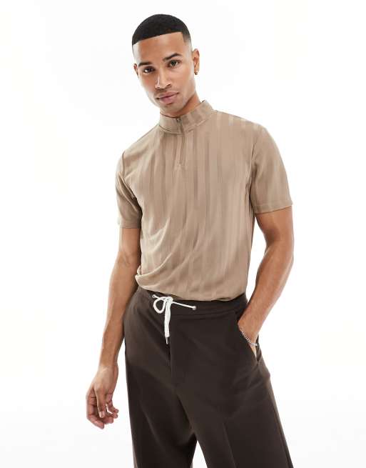ASOS DESIGN T-shirt in shiny rib with high zip neck
