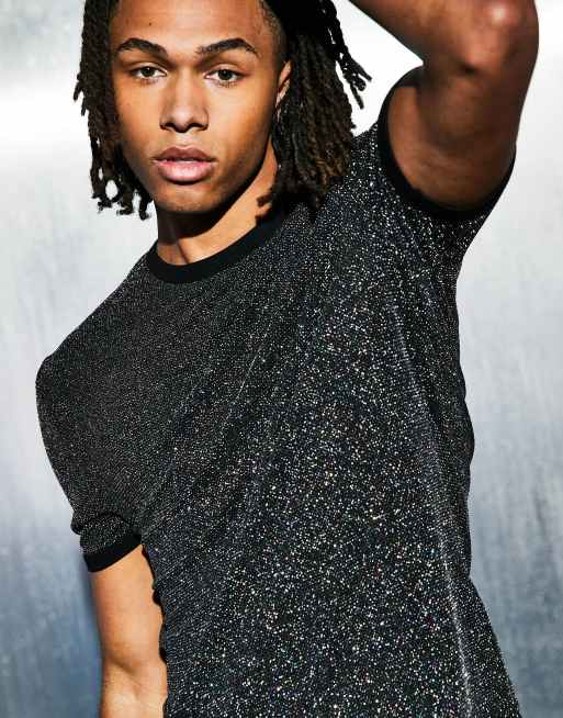 ASOS DESIGN t-shirt in silver metallic texture with contrast neck and cuffs