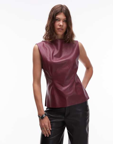 ASOS DESIGN - T-shirt in similpelle PU color prugna stretta in vita - view 1