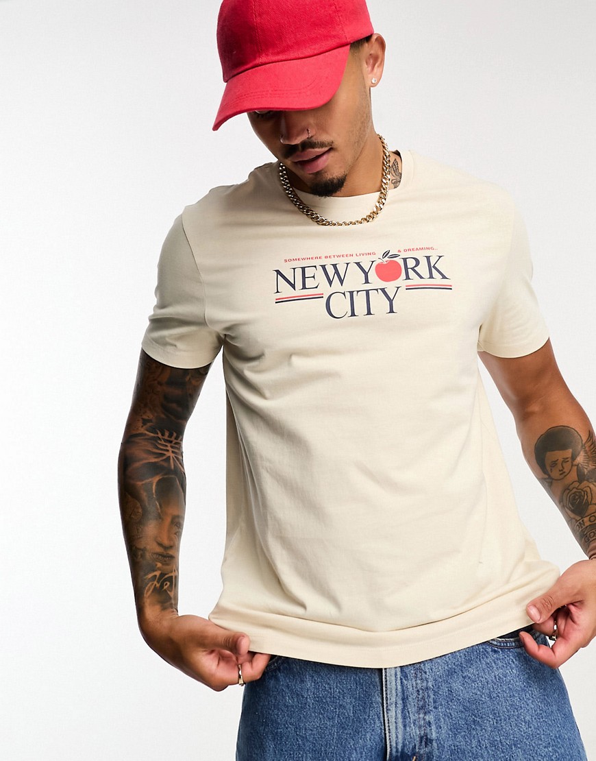 ASOS DESIGN t-shirt in stone with New York chest print-Neutral