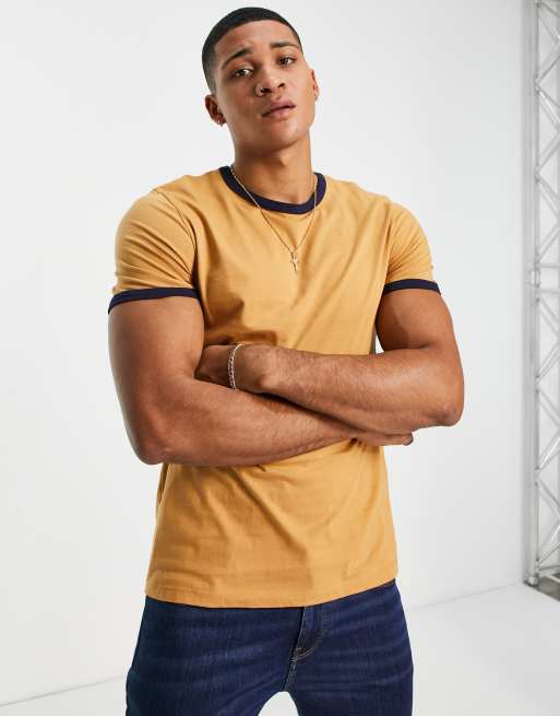 ASOS DESIGN t-shirt in tan with navy contrast ringer | ASOS