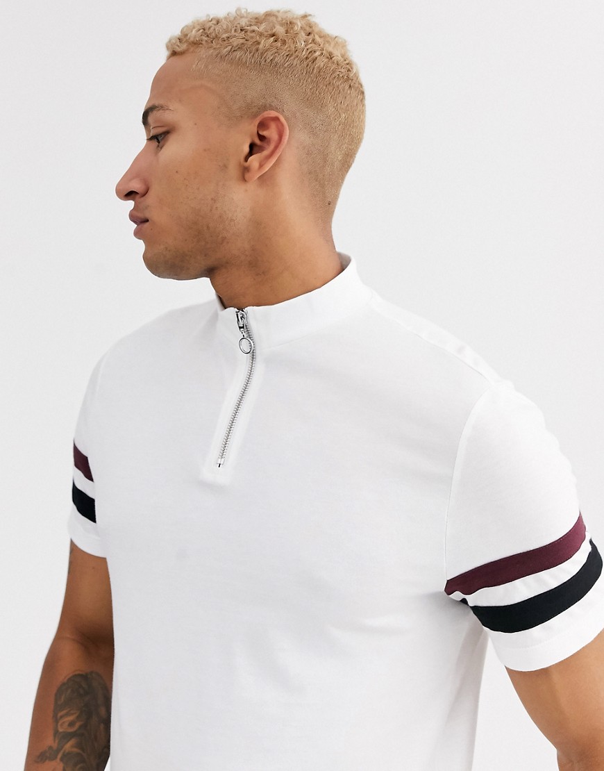 ASOS DESIGN - T-shirt in tessuto organico con scollo con zip e righe a contrasto sulle maniche bianca-Bianco