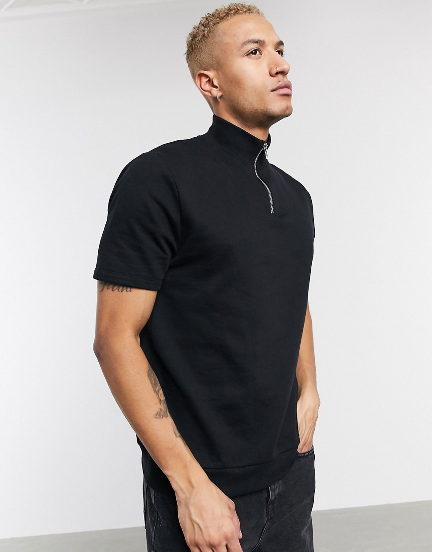 ASOS DESIGN - T-shirt in tessuto organico super pesante con zip corta nera-Nero