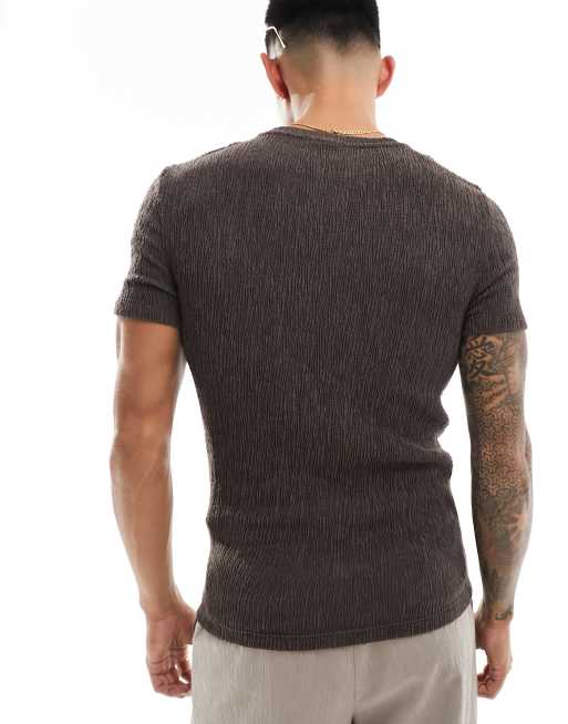 ASOS DESIGN - T-Shirt in tessuto stropicciato marrone, 4 di 4