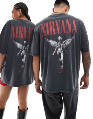 ASOS DESIGN - T-Shirt in verwaschenem Schwarz mit Oversize-Schnitt und lizenziertem „Nirvana Band"-Engel-Grafikprint