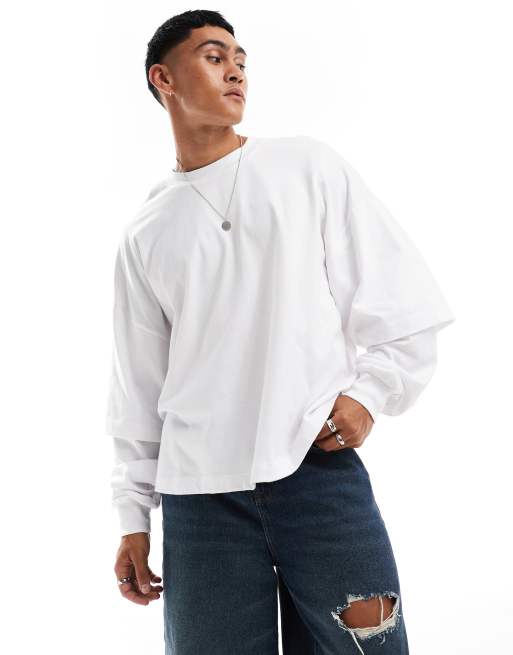 ASOS DESIGN – T-Shirt in Weiß mit mehrlagigen Ärmeln im extremen Oversize-Schnitt 