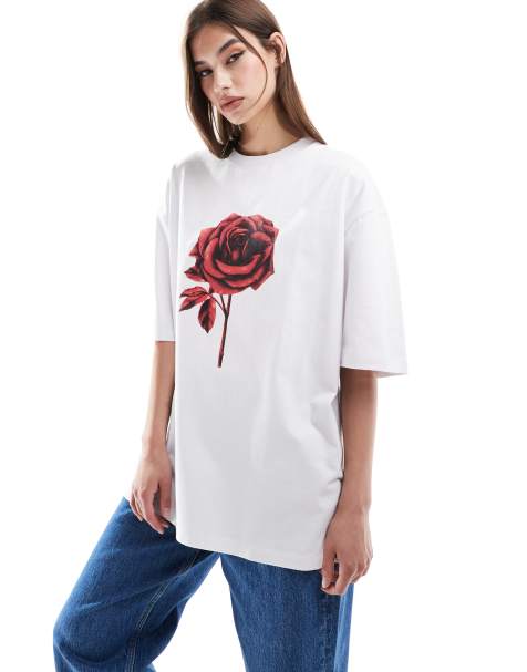 ASOS DESIGN – T-Shirt in Weiß mit roter Rose - view 1