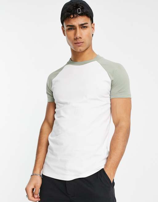 ASOS DESIGN t-shirt in white with khaki raglan sleeves