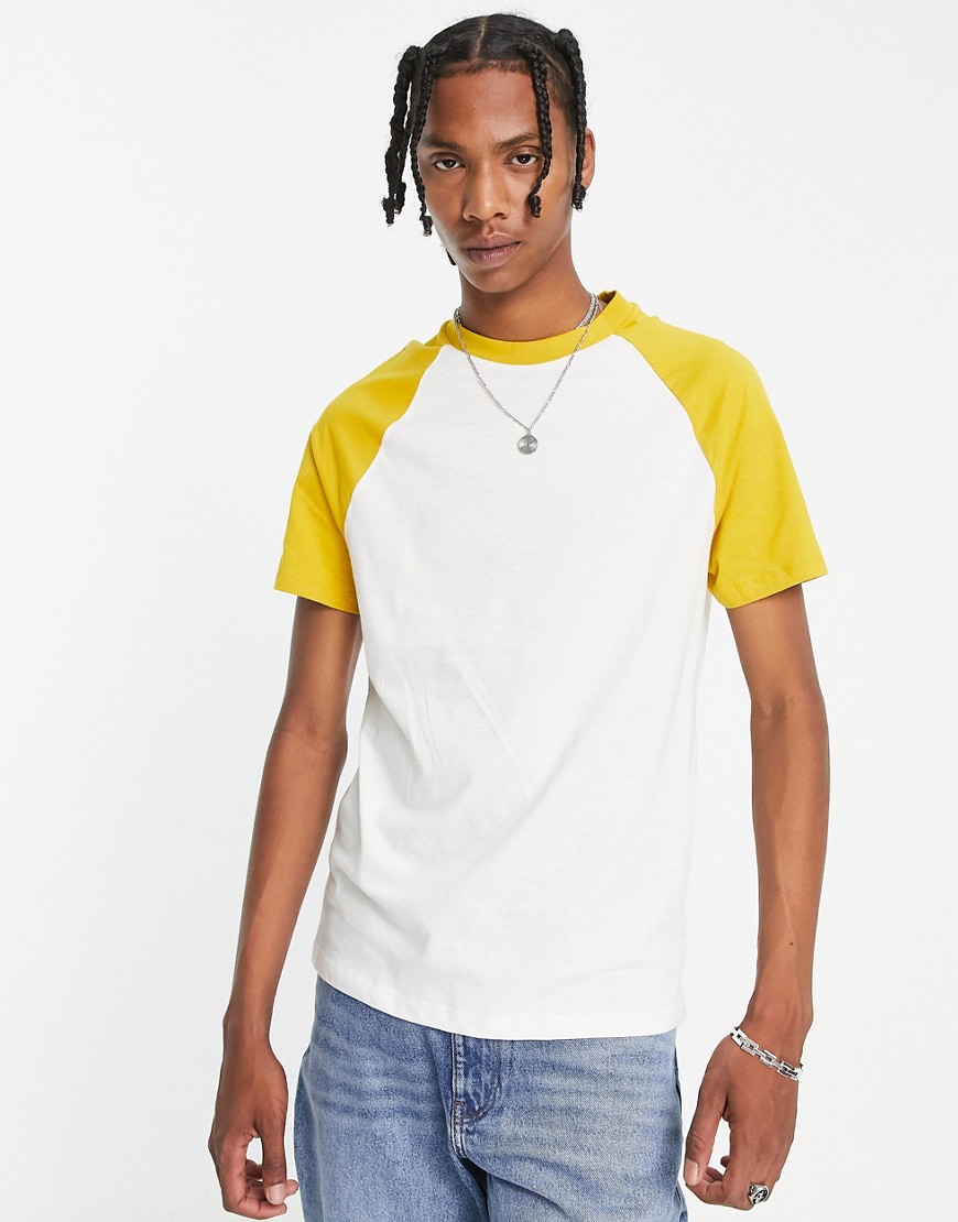 ASOS DESIGN t-shirt in white with mustard contrast sleeve