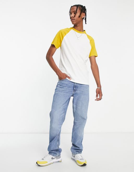 ASOS DESIGN t-shirt in white with mustard contrast sleeve