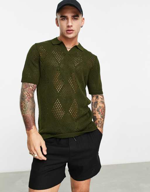 ASOS DESIGN - T-shirt kaki in maglia con scollo con intaglio