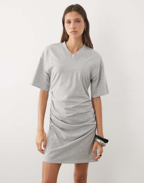 ASOS DESIGN T-shirt-kjole med v-hals og indsnøret talje i gråmeleret - view 1