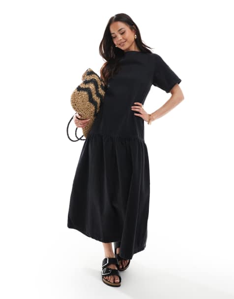 ASOS DESIGN – T-Shirt-Kleid in Midilänge aus Denim in Schwarz mit tiefer Taille - view 1