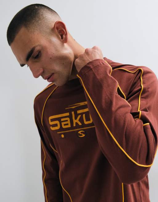ASOS DESIGN t-shirt long à coupe carrée et décontractée, à manches longues, imprimé Sakura et liseré, marron, 4 de 9