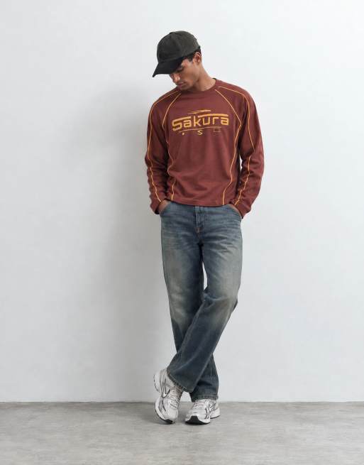ASOS DESIGN t-shirt long à coupe carrée et décontractée, à manches longues, imprimé Sakura et liseré, marron, 8 de 9