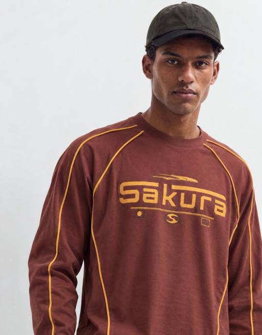 ASOS DESIGN t-shirt long à coupe carrée et décontractée, à manches longues, imprimé Sakura et liseré, marron, 9 de 9
