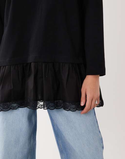 ASOS DESIGN t-shirt long à manches longues avec bordure en dentelle noir, 3 de 4