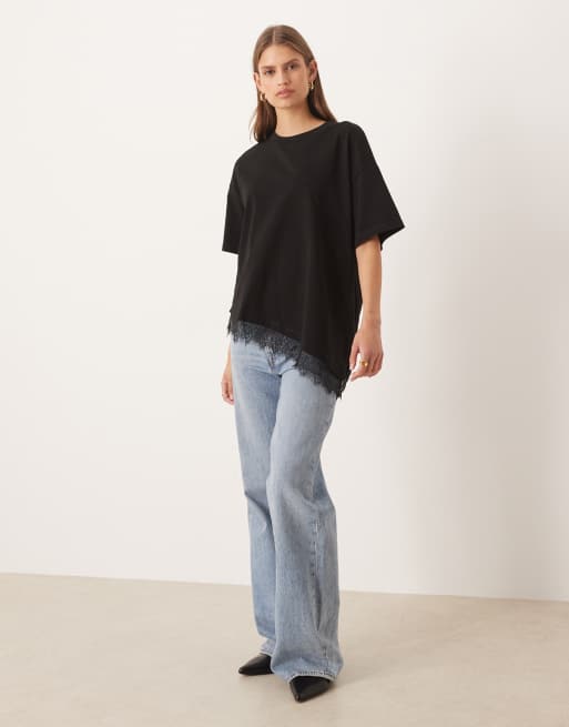 ASOS DESIGN - T-shirt long asymétrique avec bord en dentelle - Noir, 3 de 4
