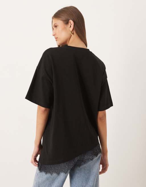 ASOS DESIGN - T-shirt long asymétrique avec bord en dentelle - Noir, 4 de 4