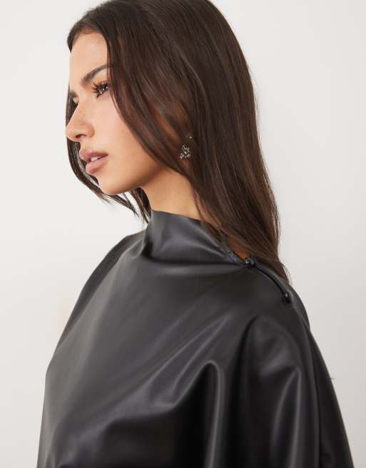 ASOS DESIGN t-shirt long drapé à col montant en noir, 3 de 4